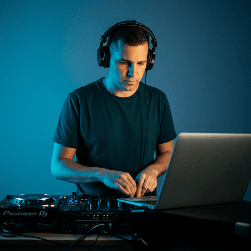 DJ buying tracks on laptop